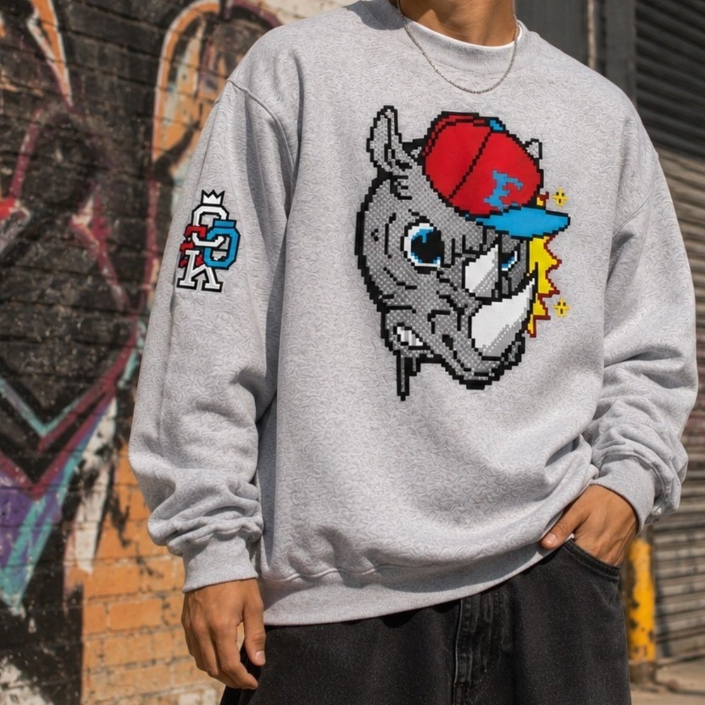 Ecko Unltd Rhino Avatar Crewneck Sweatshirt Grey Heather Pixel Graphic 3XL